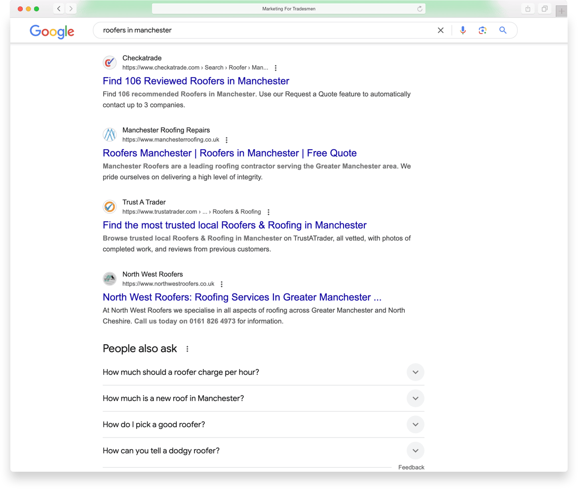 PPC for Roofers - serp results screenshot